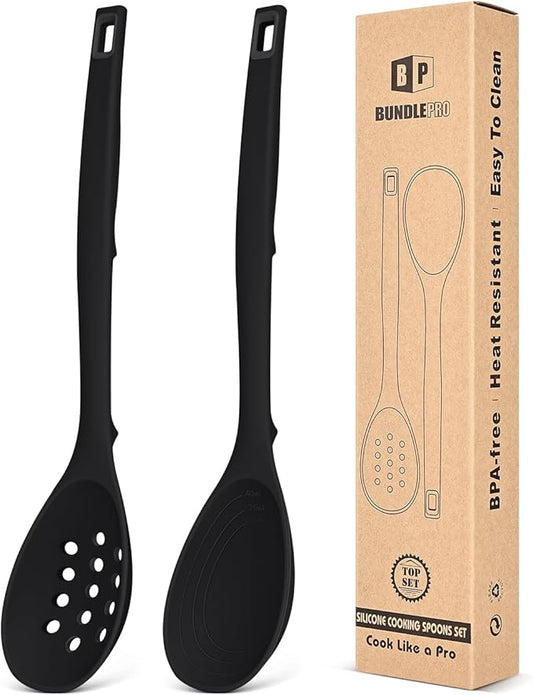 Pack of 2 Silicone Cooking Spoons, Non Stick Solid Kitchen Spoon with Measuring Marks & Back Hooks, Heat Resistant Silicone Slotted Spoon for Cooking, Mixing, Stirring,Serving (BLACK)