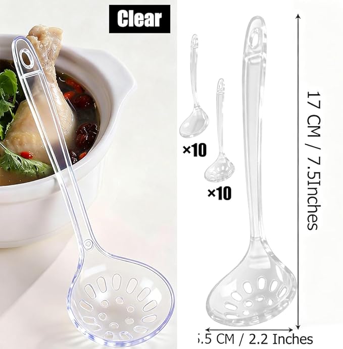 Large Plastic Serving Spoons,Disposable Heavy Duty Serving Spoons,Long Handle Scoop Soup Rice Ladle for Party Catering Buffet Restaurant,20 Pieces (10 Clear Colander +10 Clear Spoon) - Image 2