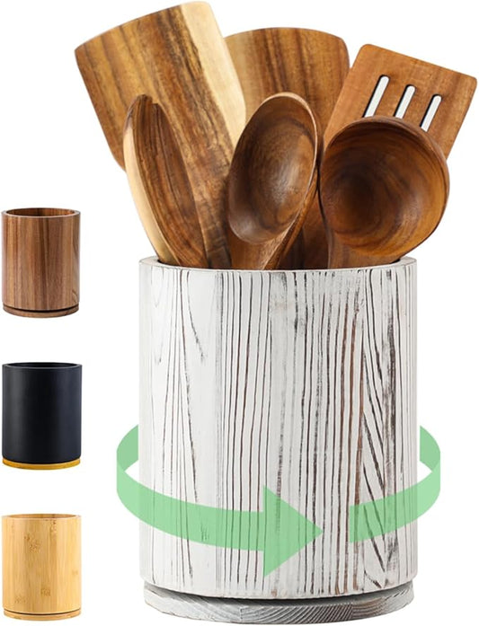 Wooden Utensil Holder, 360°Rotating 7.3'' Large Utensil Holder for Kitchen Counter, Kitchen Utensil Organizer, Utensil Crock, Farmhouse Kitchens Countertop Decor, Distressed White by Unknown