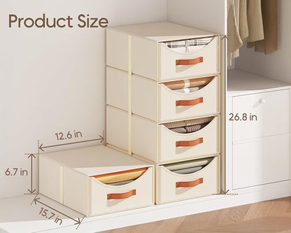 Homsorout Stackable Storage Drawers - Large Collapsible Storage Bins with Drawers, 4 Pack Closet Shelf Organizer Basket, Fabric Pull Out Organizer for Bedroom, Living Room, Dorm, Light Beige