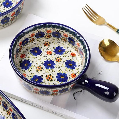 Vintage Style Blue Flowers Phalaenopsis Pottery Bakeware Ceramic Casserole Dish Baking Pan Lasagna Pans Baking Dish with Handles for Oven to Table-1 PCS, 20 OZ - Image 3
