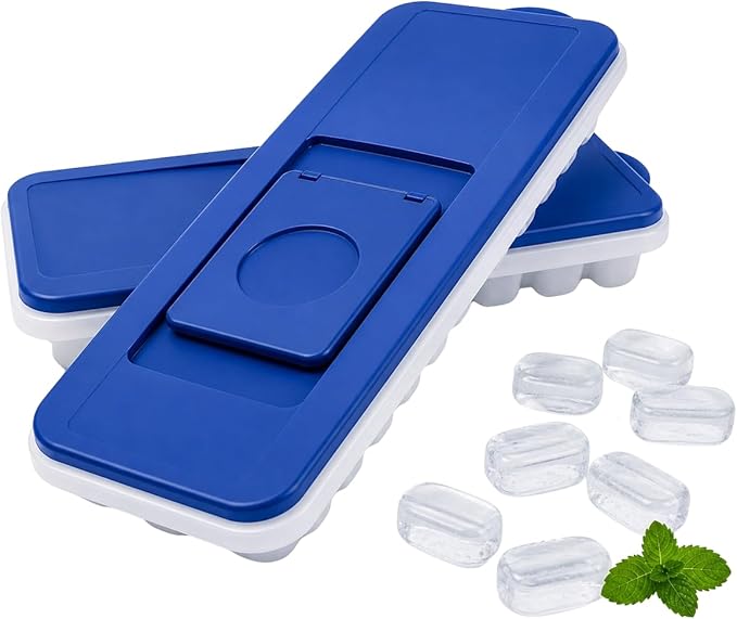 2-Pack No-Spill Ice Cube Trays with Lids – BPA-Free, Easy Release & Stackable Freezer Trays – Covered Ice Molds for Drinks, Whiskey, Cocktails, and Juice – Blue