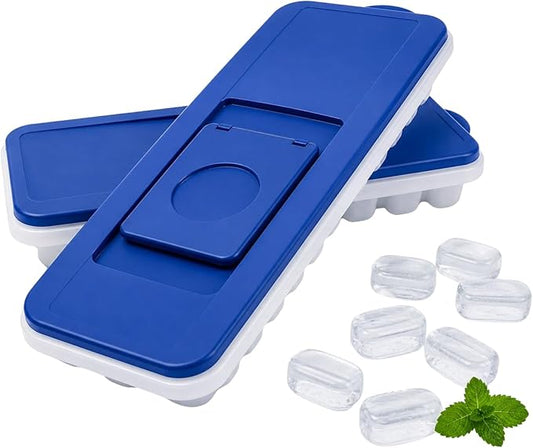 2-Pack No-Spill Ice Cube Trays with Lids – BPA-Free, Easy Release & Stackable Freezer Trays – Covered Ice Molds for Drinks, Whiskey, Cocktails, and Juice – Blue