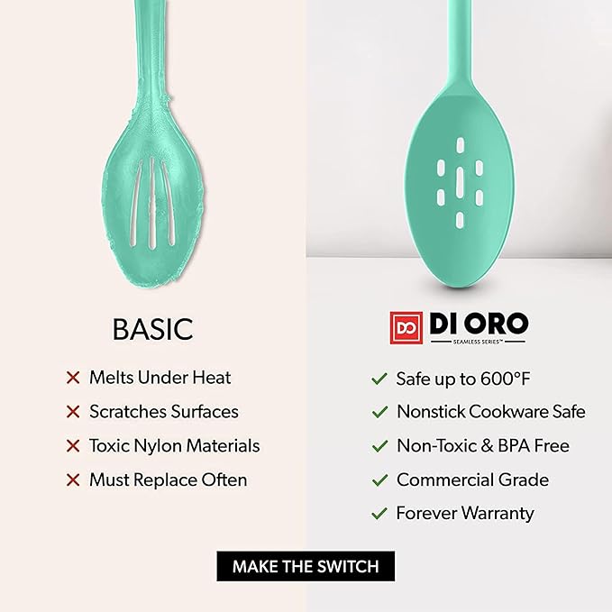 DI ORO Silicone Spoons for Cooking - Large Kitchen Spoons for Mixing, Serving, & Stirring - 600°F Heat-Resistant Non Stick Utensils – Big Solid & Slotted Basting Spoons - Dishwasher Safe (2pc, Mint) - Image 7