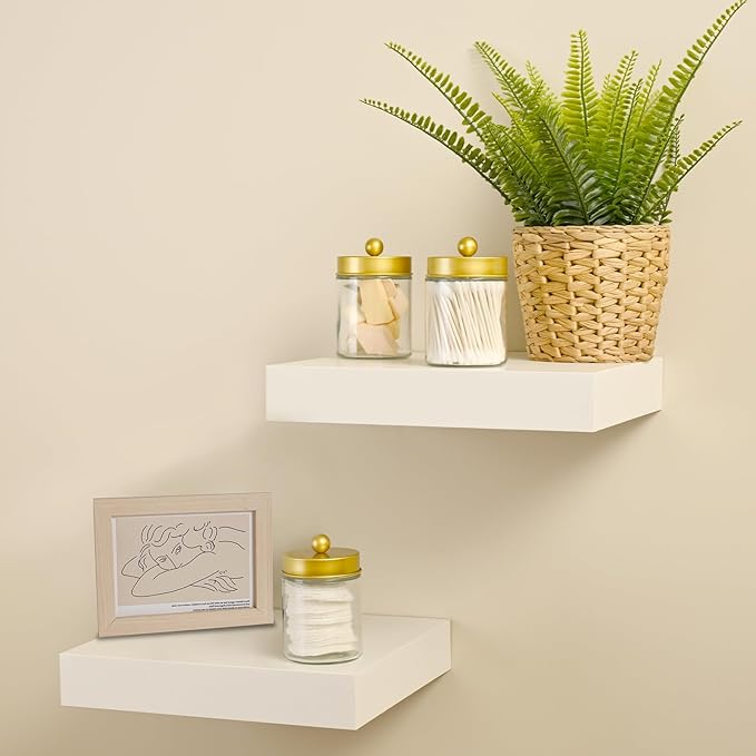 SheeChung Qtip Holder Dispenser for Bathroom Vanity Organizer and Farmhouse Decor - Stylish Glass Apothecary Jar with Stainless Steel Lid and Stickers,Bathroom Countertop Storage Canister(Gold,2Pack)