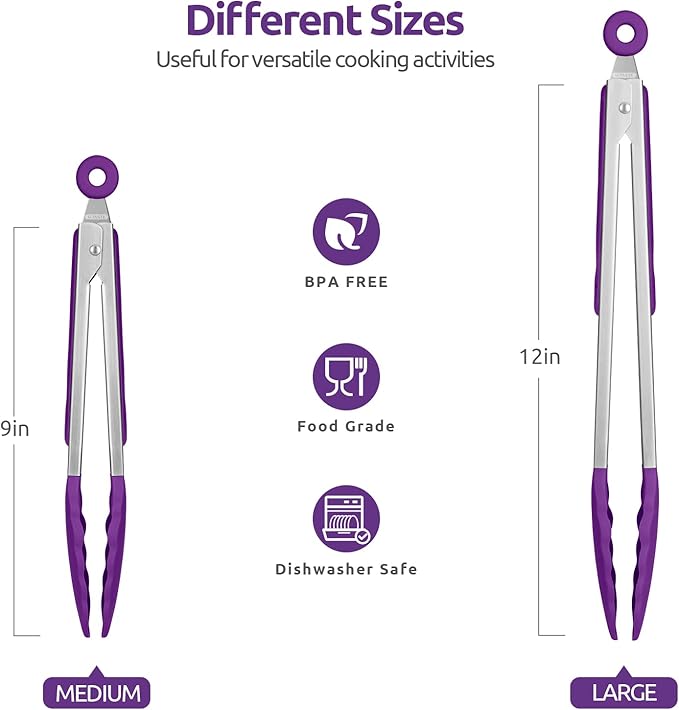 600ºF Heat Resistant Kitchen Tongs: U-Taste 9+12 inch Silicone Cooking Tong Set with Firm Sealed Non Stick Rubber Tips and Silicon Coated 18/8 Stainless Steel Handle for Serving Grilling Salad(Purple) - Image 2