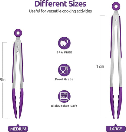 600ºF Heat Resistant Kitchen Tongs: U-Taste 9+12 inch Silicone Cooking Tong Set with Firm Sealed Non Stick Rubber Tips and Silicon Coated 18/8 Stainless Steel Handle for Serving Grilling Salad(Purple) - Image 2