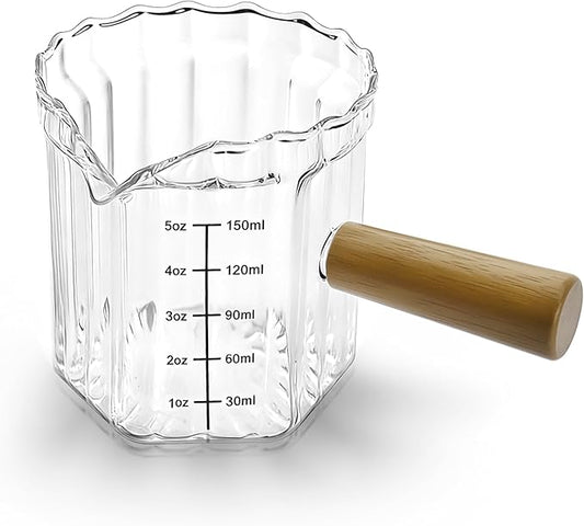 Espresso Measuring Cup 5 Oz, Espresso Glass Cups with Wood Handle, Milk Frothing Cup, Espresso Cup for Coffee, Milk, Tea or Maple Syrup Serving (Transparent, 5 oz)