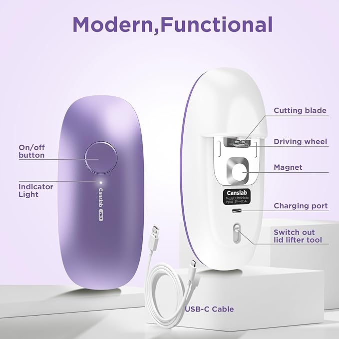 Canslab Ultrablade PRO Auto Stop Can Opener - Rechargeable Electric Can Opener for Kitchen for Seniors with Arthritis - One Touch Side Cut Opener, Smooth Edge, Lilac - Image 8