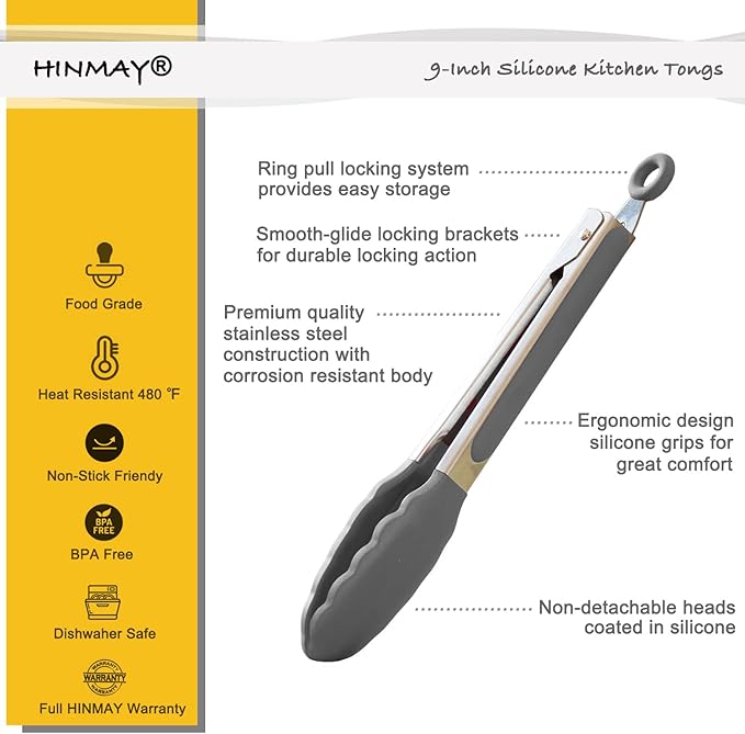 HINMAY Locking Kitchen Tongs with Silicon Tips 9-Inch Stainless Steel Grilling Tongs, Set of 3 (Gray) - Image 2