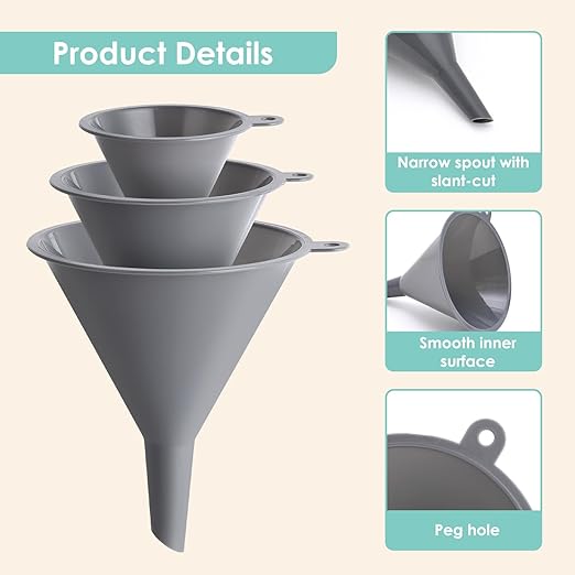 Plastic Kitchen Funnel Set of 3, Durable Round Food Grade Cooking Funnels for Kitchen Use Filling Bottles, Multifunctional Small Medium and Large Sizes for Canning, Lab or Car Oil Use - Image 3