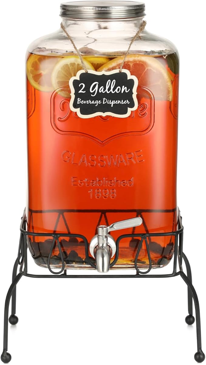 2 Gallon Glass Drink Dispenser with Stand, Stainless Steel Leakproof Spigot and Lid, Glass Drink Dispensers for Parties, Water Beverage Dispenser by Unknown