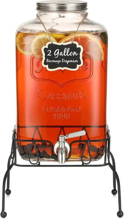 2 Gallon Glass Drink Dispenser with Stand, Stainless Steel Leakproof Spigot and Lid, Glass Drink Dispensers for Parties, Water Beverage Dispenser by Unknown