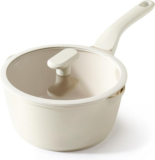 PRICUSIS Ceramic Nonstick Saucepan with Lid, 3 Quart Non Toxic Pot with Pour Spouts, Full Coated, 100% Dishwasher Safe, Induction Compatible & Oven Safe, PTFE PFAS & PFOA Free, Coconut White by PRICUSIS