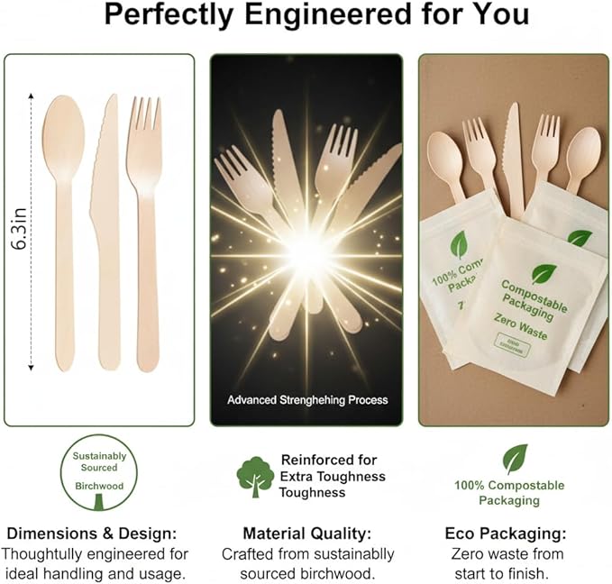 100% Compostable Cutlery Set - 150 Pieces Wooden Compostable Utensils [50 Forks, Knives, Spoons] - Disposable Wooden Cutlery, Eco Friendly Forks & Spoons Set Party Utensils - Image 3