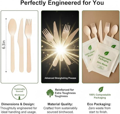 100% Compostable Cutlery Set - 150 Pieces Wooden Compostable Utensils [50 Forks, Knives, Spoons] - Disposable Wooden Cutlery, Eco Friendly Forks & Spoons Set Party Utensils - Image 3