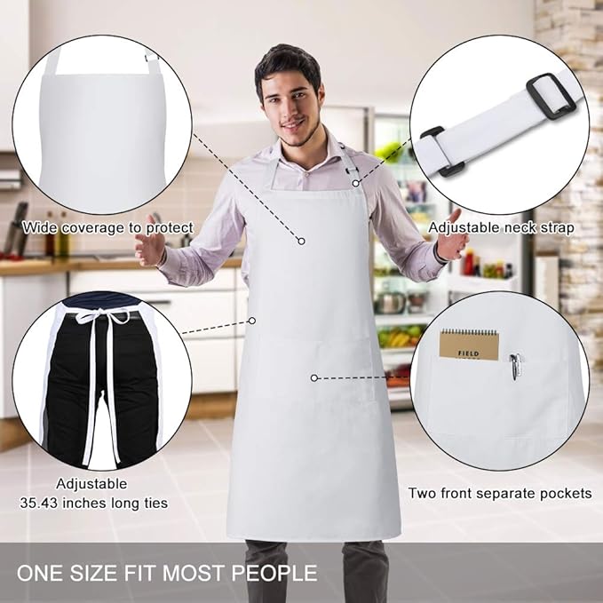 Jubatus 2 Pack Bib Aprons with 2 Pockets Cooking Chef Kitchen Apron for Women Men, White - Image 2