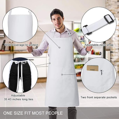 Jubatus 2 Pack Bib Aprons with 2 Pockets Cooking Chef Kitchen Apron for Women Men, White - Image 2