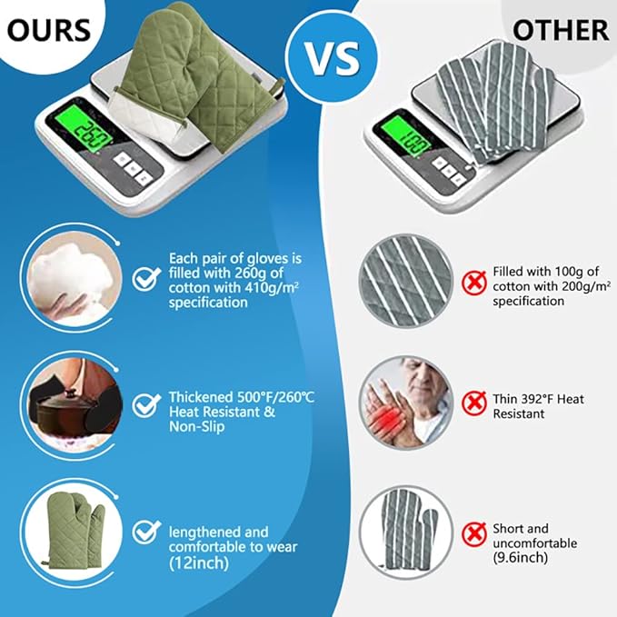 Oven Mitts and Pot Holders 4 pcs Set,High Heat Resistant 500 Degree Extra Thicken Long Kitchen Cotton Oven Glove for Cooking (12 Inch,Green) - Image 3