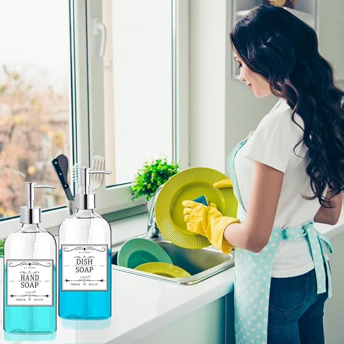 Clear Soap Dispenser with Rust Proof Pump, Waterproof Labels (2 Pack,16 Oz), Plastic Hand Soap Dish Soap Dispenser for Kitchen Bathroom - Image 5