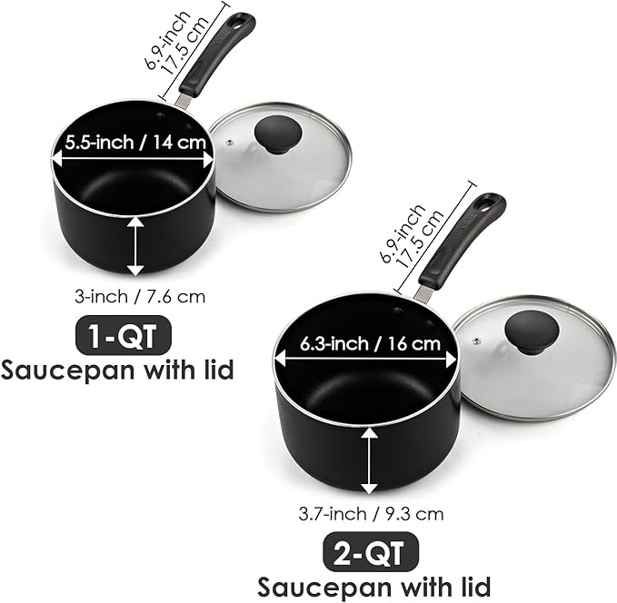 Cook N Home Nonstick Sauce Pan Set 1Qt and 2Qt, Multi-purpose Pots Set Saucepan Kitchenware with Glass Lid, Black, Aluminum - Image 2