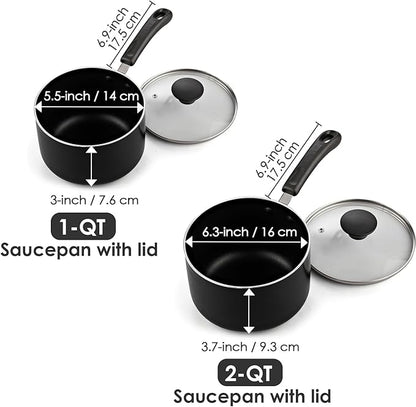 Cook N Home Nonstick Sauce Pan Set 1Qt and 2Qt, Multi-purpose Pots Set Saucepan Kitchenware with Glass Lid, Black, Aluminum - Image 2