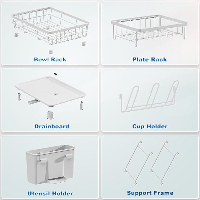 GAOKASE Dish Drying Rack, Stainless Steel-Dish Rack, Dish Racks for Kitchen Counter, Kitchen Dish Drainers with Removable Utensil Holder,New Drain Outlet,Plate Rack and Drainboard (White 3) - Image 4