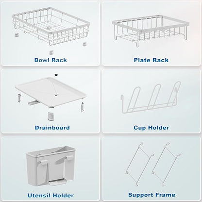 GAOKASE Dish Drying Rack, Stainless Steel-Dish Rack, Dish Racks for Kitchen Counter, Kitchen Dish Drainers with Removable Utensil Holder,New Drain Outlet,Plate Rack and Drainboard (White 3) - Image 4