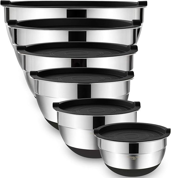 Umite Chef Mixing Bowls with Airtight Lids，6 piece Stainless Steel Metal Nesting Storage Bowls, Non-Slip Bottoms Size 7, 3.5, 2.5, 2.0,1.5, 1QT, Great for Mixing & Serving(Black) by UmiteChef