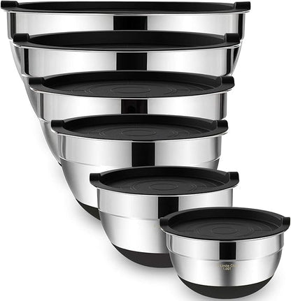Umite Chef Mixing Bowls with Airtight Lids，6 piece Stainless Steel Metal Nesting Storage Bowls, Non-Slip Bottoms Size 7, 3.5, 2.5, 2.0,1.5, 1QT, Great for Mixing & Serving(Black) by UmiteChef