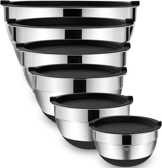 Umite Chef Mixing Bowls with Airtight Lids，6 piece Stainless Steel Metal Nesting Storage Bowls, Non-Slip Bottoms Size 7, 3.5, 2.5, 2.0,1.5, 1QT, Great for Mixing & Serving(Black) by UmiteChef