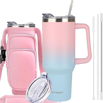 40oz Stainless Steel Double Vacuum Tumbler with Handle, Straw Lid, Carrier Bag, Purse Pouch Phone Pocket, Gym Water Bottle Travel Mug and Sleeve Holder for Men Women (Pink/blue)