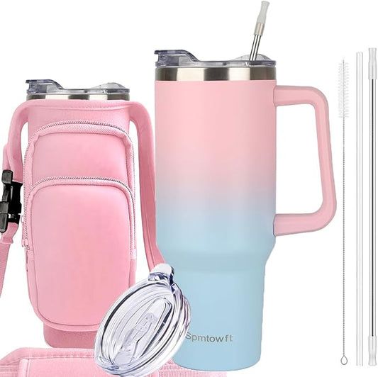 40oz Stainless Steel Double Vacuum Tumbler with Handle, Straw Lid, Carrier Bag, Purse Pouch Phone Pocket, Gym Water Bottle Travel Mug and Sleeve Holder for Men Women (Pink/blue)