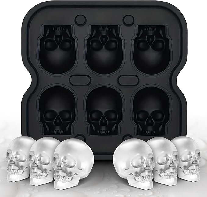 Skull Ice Cube Mold, 6-Cavity Silicone Ice Tray for Whiskey, Cocktails, and Beverages, Food-Grade Flexible Ice Maker for Halloween & Party Drinks, Easy Release & Dishwasher Safe