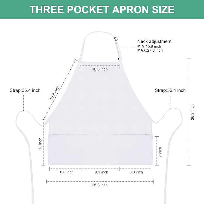 Jubatus 2 Pack 3 Pockets Adjustable Bib Apron Chef Kitchen Cooking Aprons for Women Men, White - Image 6