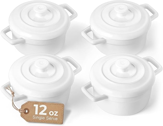 Lareina Mini Cocotte - 12oz Ceramic Casserole Dishes - Kitchen Casserole Sets With Handles And Lid - Small Baking Ramekins - Oven, Microwave & Dishwasher Safe - Set of 4 - White by Lareina