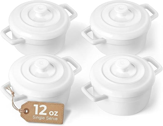 Lareina Mini Cocotte - 12oz Ceramic Casserole Dishes - Kitchen Casserole Sets With Handles And Lid - Small Baking Ramekins - Oven, Microwave & Dishwasher Safe - Set of 4 - White by Lareina