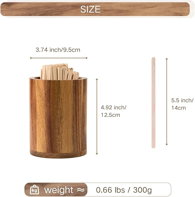 Acacia Wood Coffee Stirrer Holder Set with 100 Disposable Stir Sticks, Wooden Bar Accessories for Milk Cocktail Tea Drinks Straws, Organizer for Station Countertop - Image 2