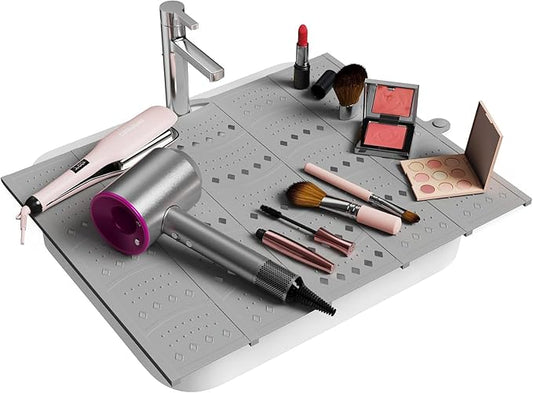 Bathroom Sink Cover for Counter Space, Foldable Silicone Makeup Mat for Hair Styling and Hot Tools, Steel Frame Core Sink Organizer for RV Camper and Small Vanity, DIY Cut to Fit, Grey