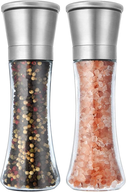 Elegant Pepper and Salt Grinder Set of 2, Best Spice Mill with Brushed Stainless Steel Cap, Ceramic Blades, Adjustable Coarseness, and Refillable Tall Glass Body with 6OZ Capacity (7.5"). by Mincham
