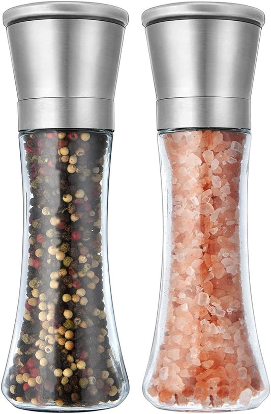 Elegant Pepper and Salt Grinder Set of 2, Best Spice Mill with Brushed Stainless Steel Cap, Ceramic Blades, Adjustable Coarseness, and Refillable Tall Glass Body with 6OZ Capacity (7.5"). by Mincham