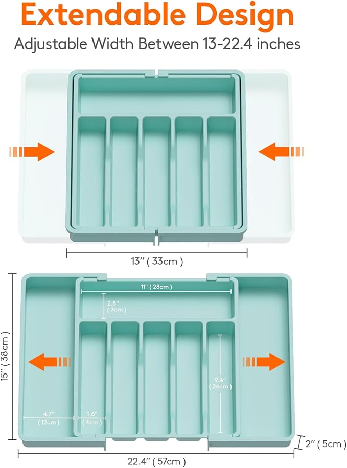 Lifewit Silverware Drawer Organizer, Expandable Utensil Tray for Kitchen, BPA Free Flatware and Cutlery Holder, Adjustable Plastic Storage for Spoons Forks Knives, 13-22 x 15", Turquoise - Image 3