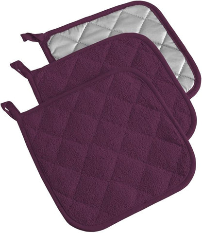 DII Basic Terry Collection Quilted 100% Cotton, Potholder, Eggplant, 3 Piece by DII