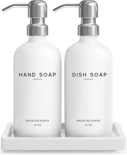 White Glass Hand and Dish Soap Dispenser Set by Brighter Barns - Kitchen Soap Dispenser Set with Tray & Pump for Office, Hotel, Vacation Rental, Airbnb - Modern Kitchen Decor & Accessories (White) by BrighterBarns