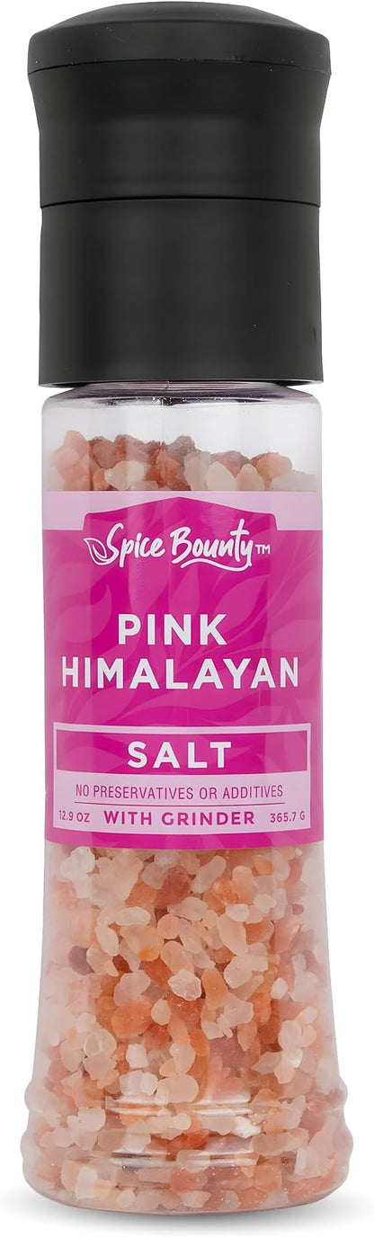 Spice Bounty Pink - Himalayan Salt Grinder – 12.9 oz Natural Coarse Rock Salt, Refillable Seasoning Mill, Premium Himalayan Pink Salt Crystals, No Additives