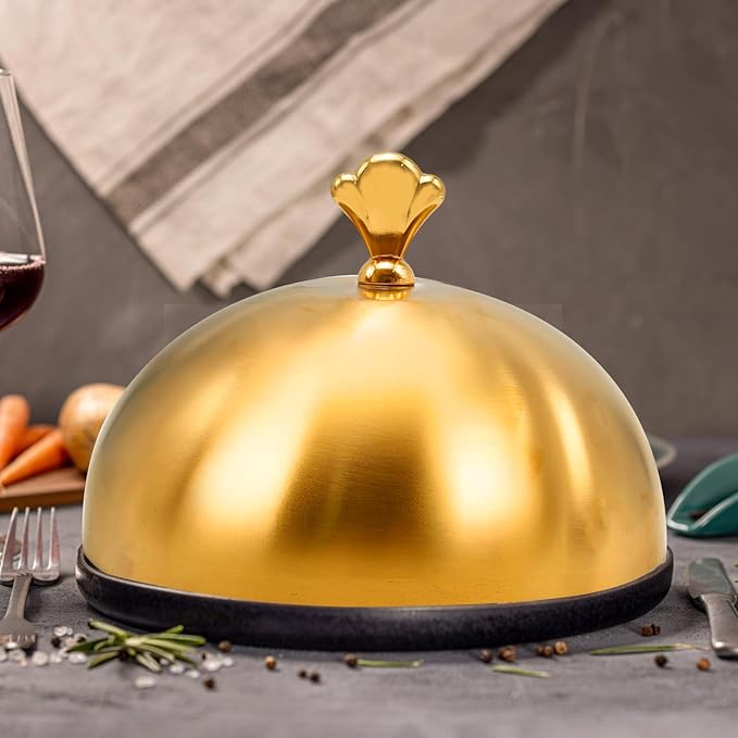 Gold Stainless Steel Food Dome Cover Food Protecting Dome Cover Serving Plate Dish Dome Cake Butter Dessert Cheese Cover for Burgers Restaurant Party (Crown Handle)