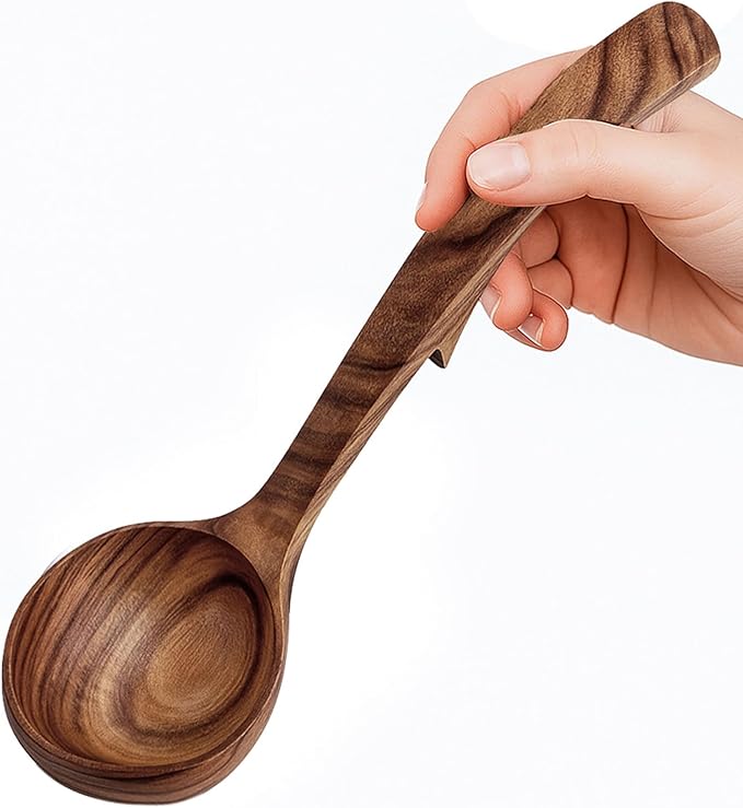 HANSGO Wooden Ladle for Cooking, Wooden Soup Spoons, Natural Teak Wood Serving Spoon, 9'' Long Handle Scooper for Stirring Gravy Sauce Porridge, House Warming Gifts New Home