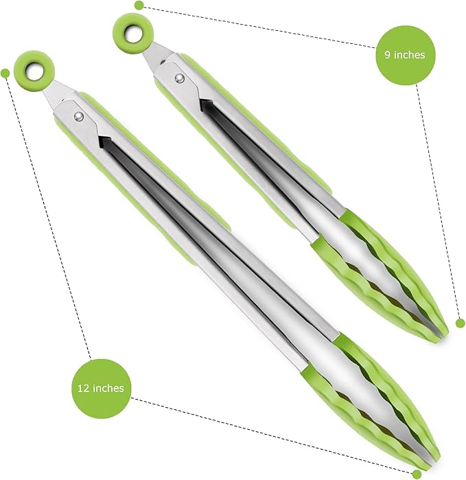 2 Pack Silicone Kitchen Tongs – 9" & 12" Set, Heat Resistant up to 500°F, Non‑Stick Cookware Safe, Wavy Silicone Tips, BPA Free, Locking Clip & Hanging Loop, Light Green - Image 4