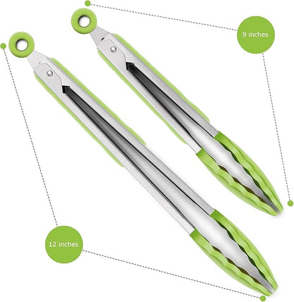 2 Pack Silicone Kitchen Tongs – 9" & 12" Set, Heat Resistant up to 500°F, Non‑Stick Cookware Safe, Wavy Silicone Tips, BPA Free, Locking Clip & Hanging Loop, Light Green - Image 4