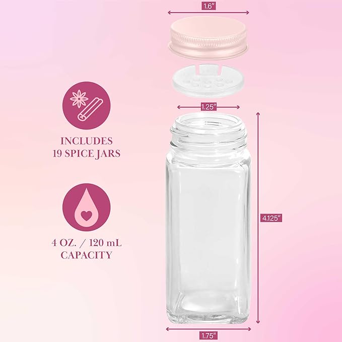 Paris Hilton Glass Spice Jar Storage Set, 4-Ounce Empty Spice Jars with Labels, Shaker Caps and Metal Lids, Collapsible Funnel Included, 20-Piece, Pink - Image 6